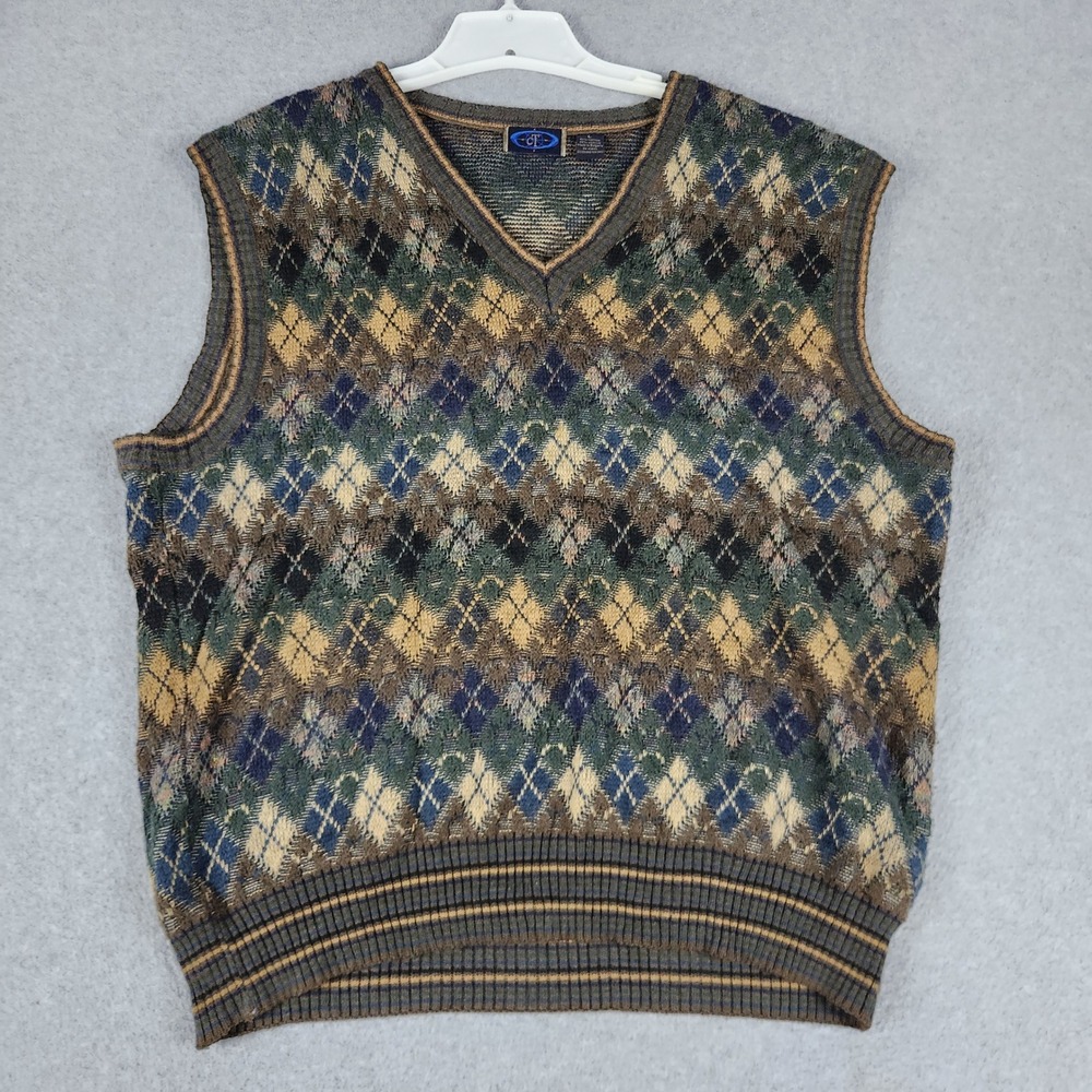 CT Sweater Vest Mens Large Multicolor Argyle Knitwear Academia Classic V-Neck